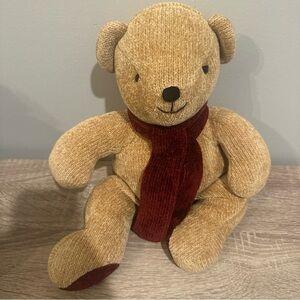 Pottery Barn Tan Teddy Bear with Burgundy Scarf